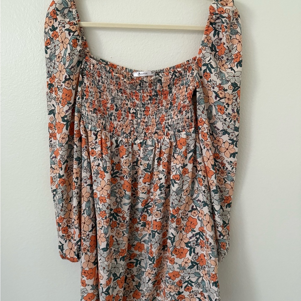 Cupshe Pink and Gray Smocked Puff Sleeve  Dress
